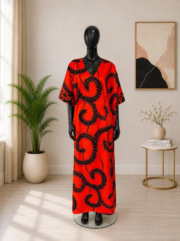 Black mannequin wearing red dress with black spiral pattern in bright modern interior with plant and minimal decor