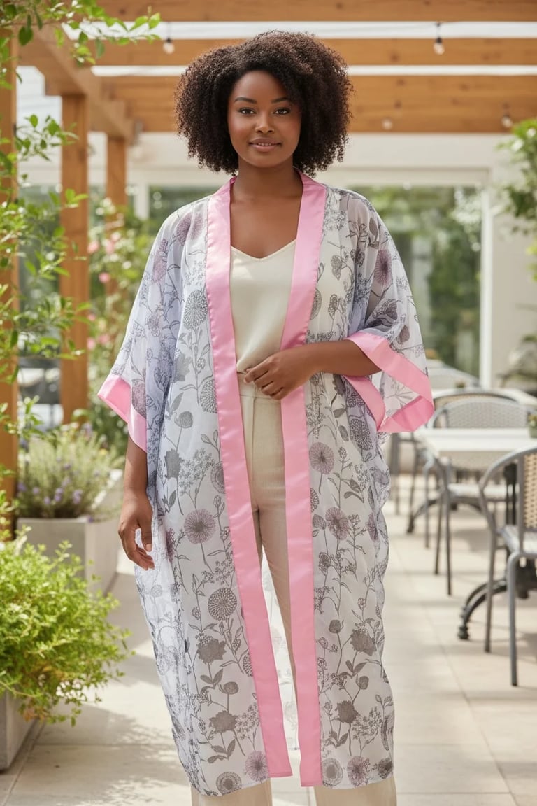 Woman wearing a floral patterned robe with pink trim over a white dress, standing in a modern sunlit indoor garden space