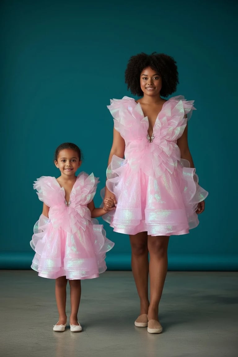 Woman and young girl holding hands wearing matching pink tulle dresses with ruffled shoulders against a teal background