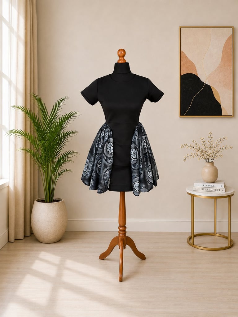 Black dress with patterned skirt displayed on wooden mannequin in bright, minimalist room with plants and artwork