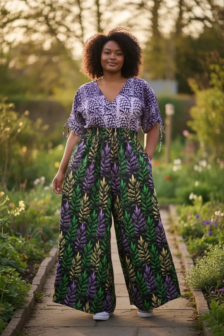 Woman with curly hair wearing a purple patterned top and green leaf-print wide-leg pants standing on a garden path
