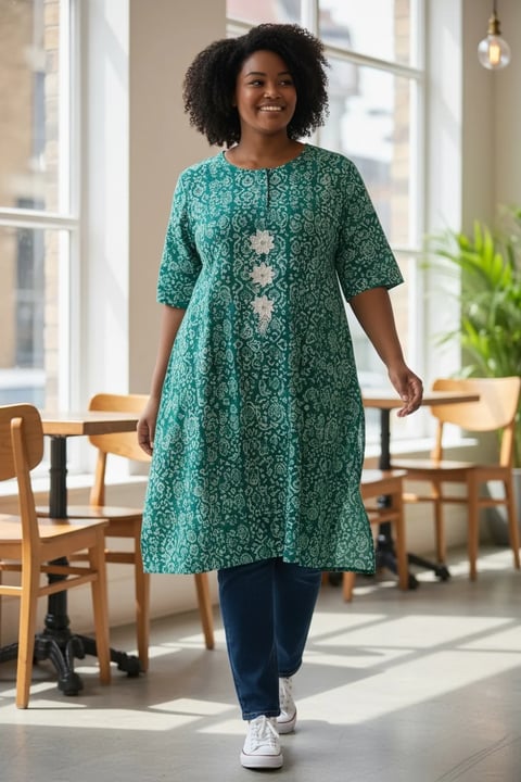 Woman wearing a teal patterned tunic dress and dark jeans walks through a bright modern office with wooden chairs and large windows