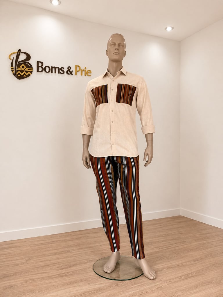 Male mannequin wearing cream button-up shirt with brown striped chest panels and matching striped pants in a clothing store with Boms & Prie logo