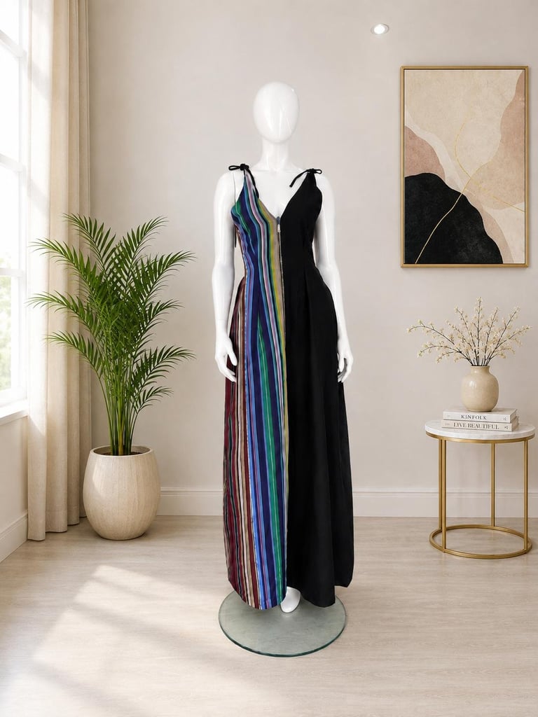 Mannequin wearing flowing black and colorful striped dress in modern home interior with plant and minimalist decor