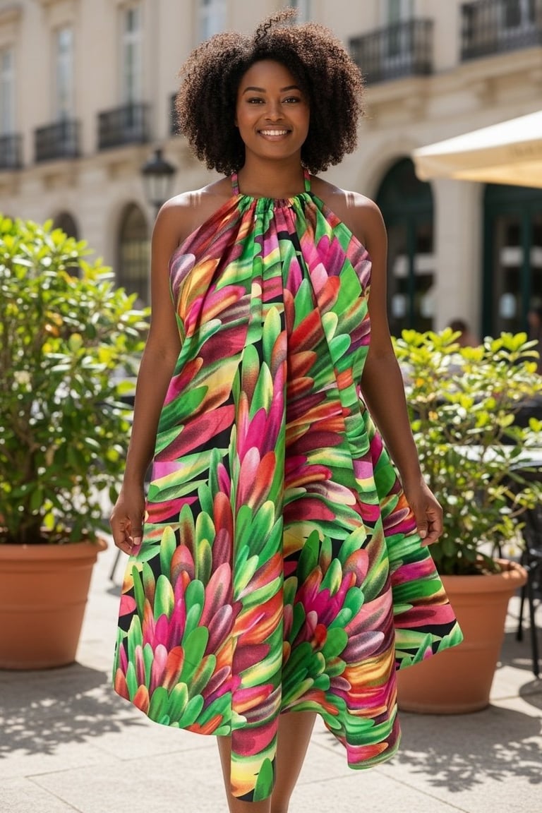 Woman with curly hair smiling in a vibrant multicolored floral print halter dress in an outdoor courtyard setting