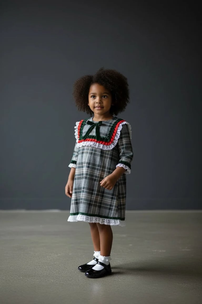 Young child with curly hair wearing a gray plaid dress with white and red lace collar and cuffs, black shoes with white socks, standing against a neutral background