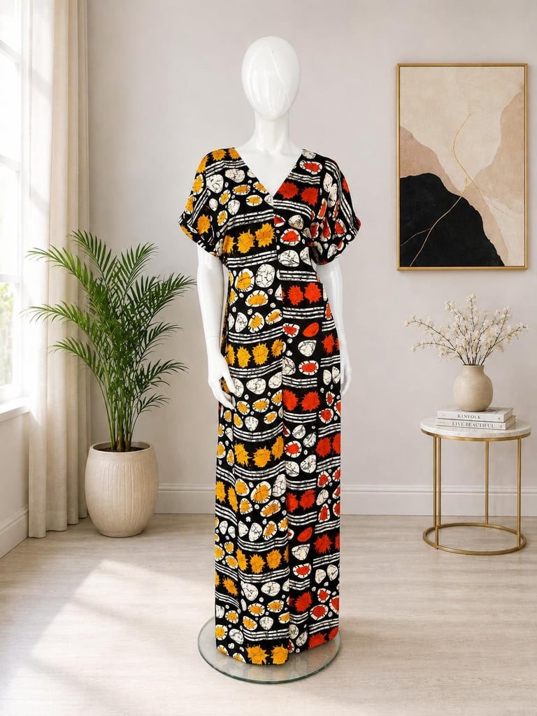 Mannequin wearing a black maxi dress with yellow and red fruit print in a minimalist room with plants and artwork