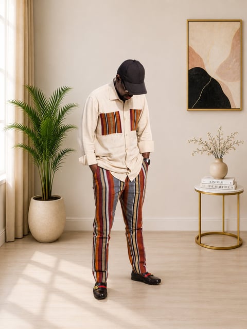 Man wearing cream shirt with brown stripes and red striped pants in minimalist room with plant, artwork, and side table