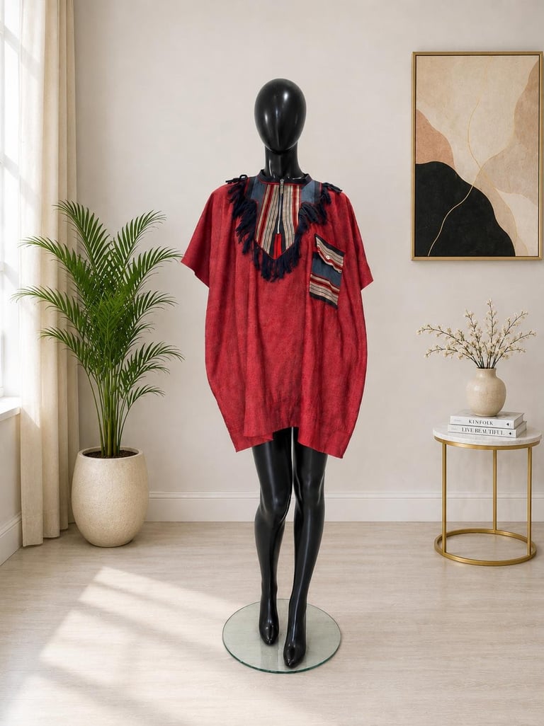 Mannequin wearing a red oversized dress with navy embroidered details in a modern retail display with plants and artwork