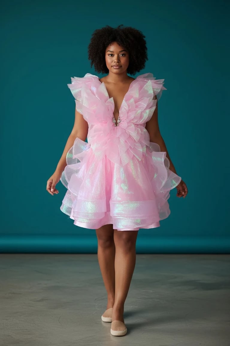 Woman with curly dark hair wearing an elaborate pink ruffled ball gown with large statement shoulders against a teal background
